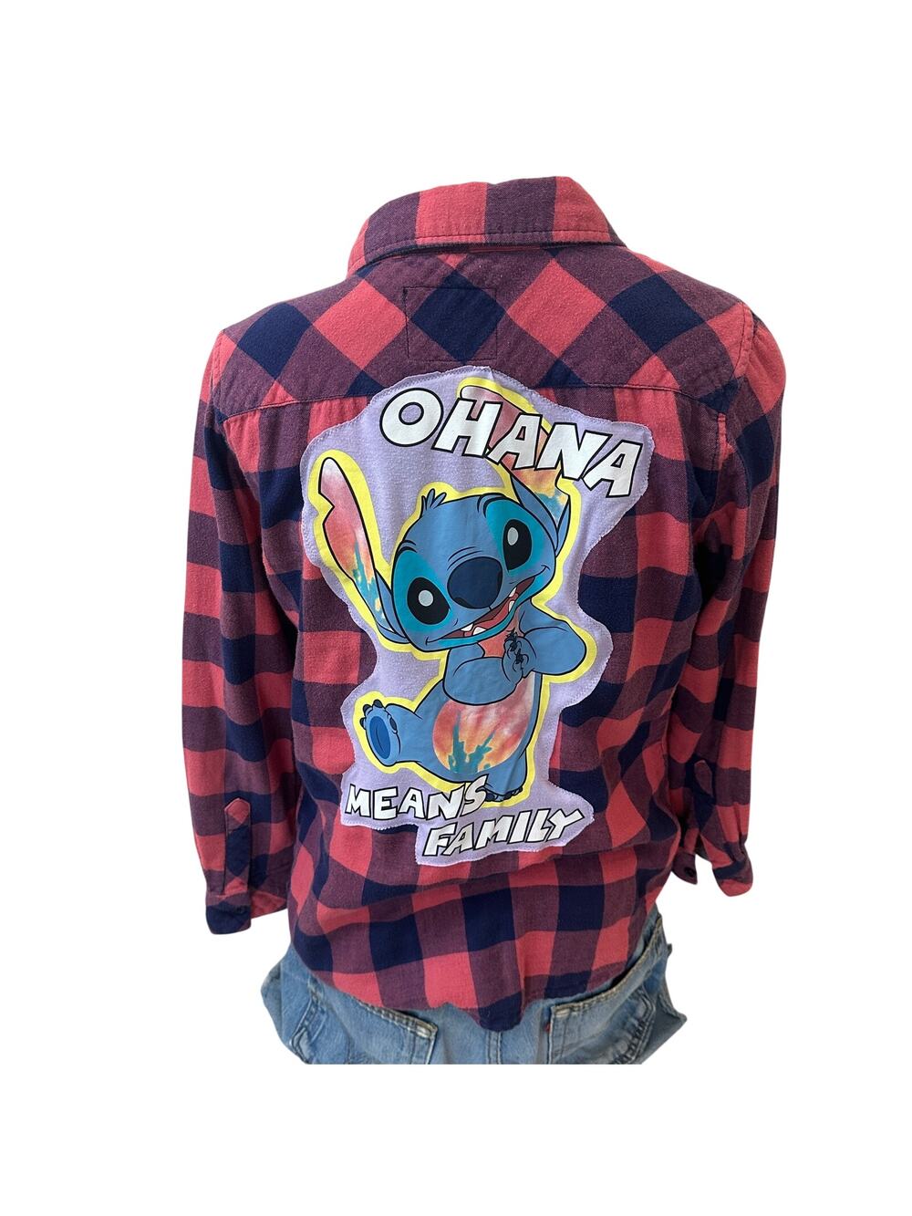 Lilo and Stitch Plaid Flannel Shirt SMALL Unique Ohana Means Family Upcyled